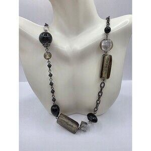 VTG Black & Silver Color Unique Beads on Chain Necklace 32"